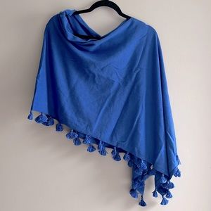 Asymmetrical Blue Shawl Scarf Cotton/Cashmere with tassels